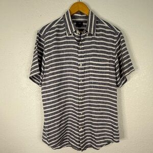 J Crew 100% linen blue and white stripe button down short sleeve shirt Coastal